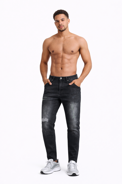 Men’s Black Distressed Slim-Fit Denim Jeans
